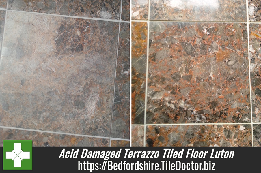 Acid Damaged Terrazzo Tiled Floor Restored in Luton