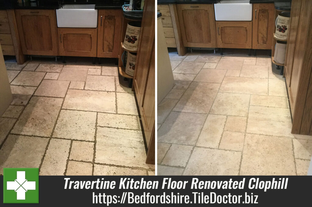 Badly Stained and Pitted Tumbled Travertine Kitchen Floor Renovated in Clophill