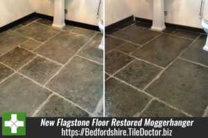 New Flagstone Floor with Grout and Adhesive Staining Restored in Moggerhanger